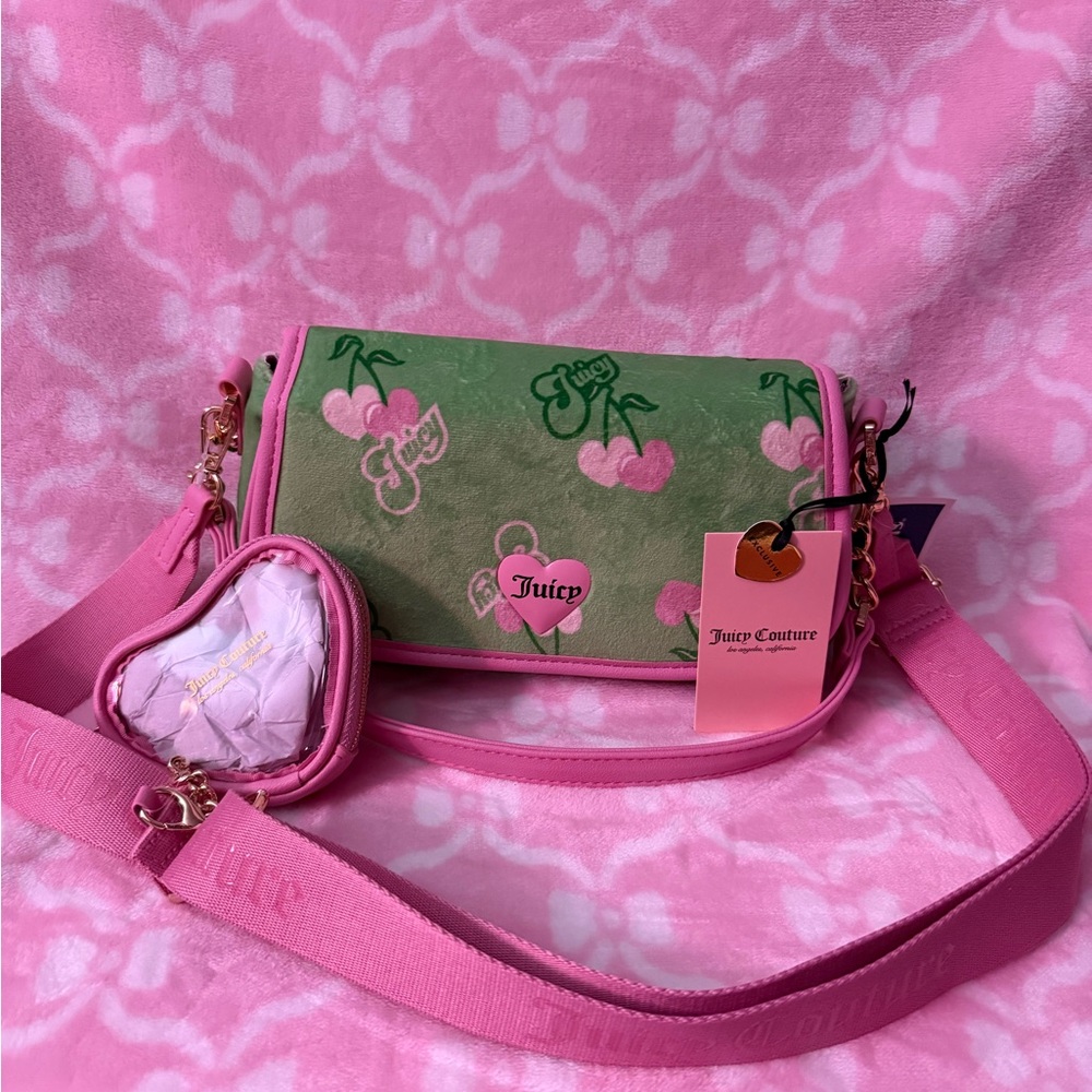 Juicy Couture Pink & Green Cherry Shoulder/Crossbody Bag with Heart Pouch